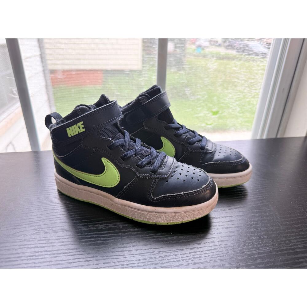 Nike Kids Court Borough Mid 2 Sneakers Black Volt Green Size 12C CD7783-403